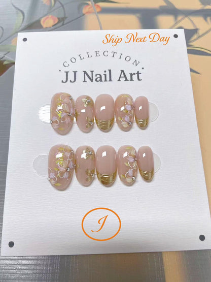 Gold French Hand Painted Press On Nails: Custom Shape Reusable Nail Set