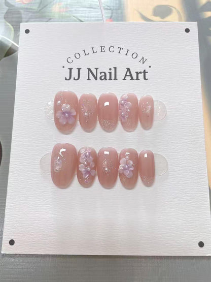 Handmade 3D Pink Petals Glitters Press On Nails: Reusable Nail Set