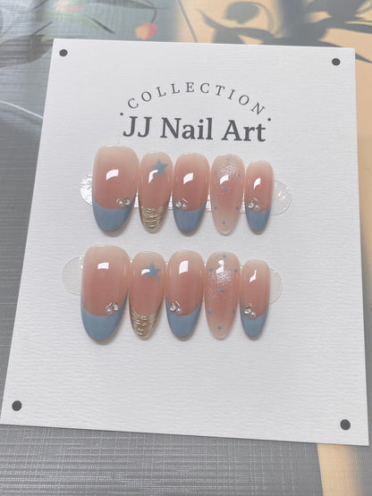 Blue Stars French Press On Nails: Reusable Custom Shape Set