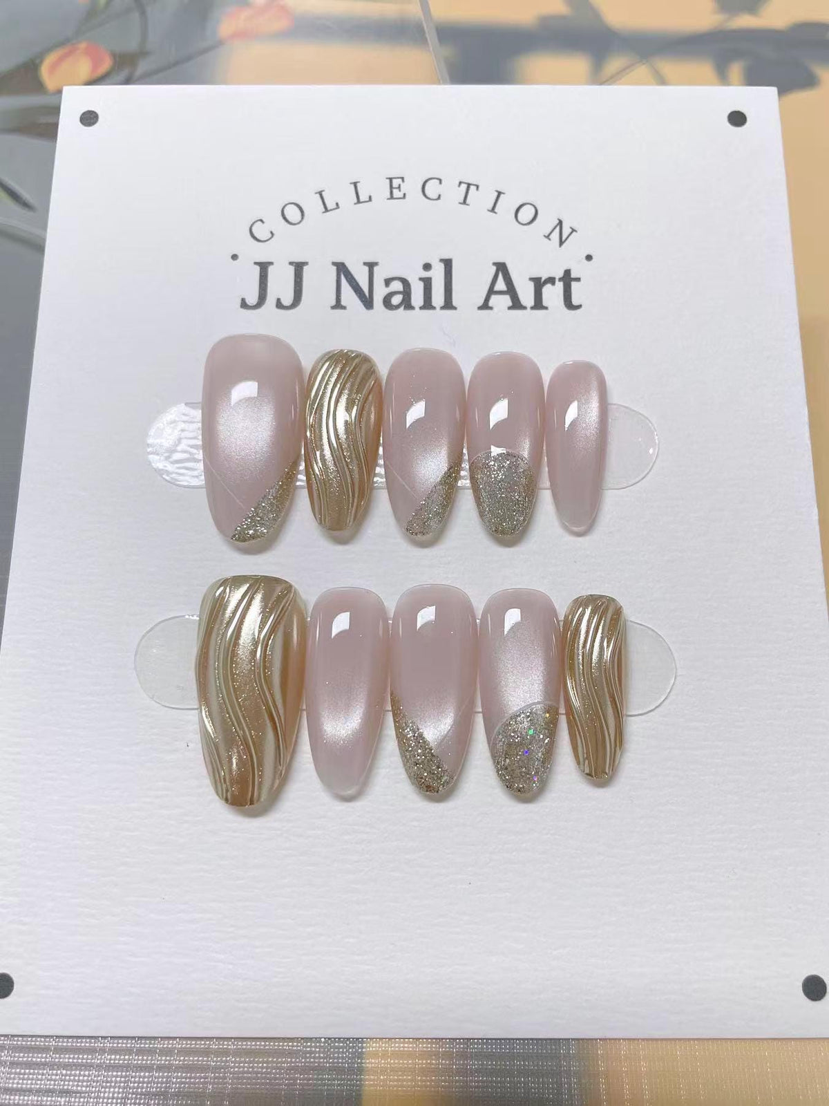 Custom Shape Hand Painted Press On Nails: Cat Eye French Glitters Reusable Nail Set