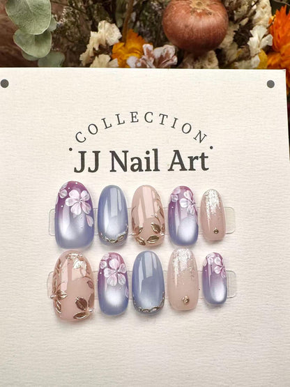Handmade Ombre Petal Press On Nails: Pink, Purple, Blue Floral Set