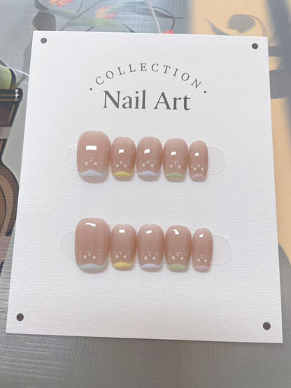 Custom Nail Shape Hand Painted Kitty Press On Nails, Colorful Reusable Faux Nails