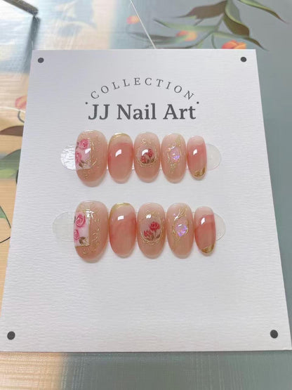 Handmade Vintage Red Roses Press On Nails: Reusable Set, Butterfly Accent