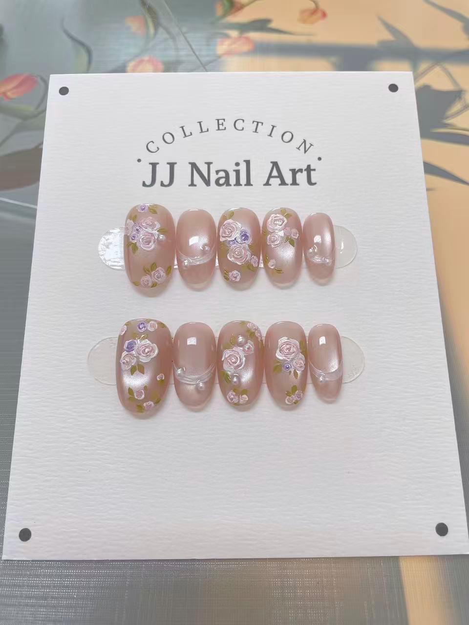 Handpainted Flowers Cat Eye Press On Nails: Reusable Set