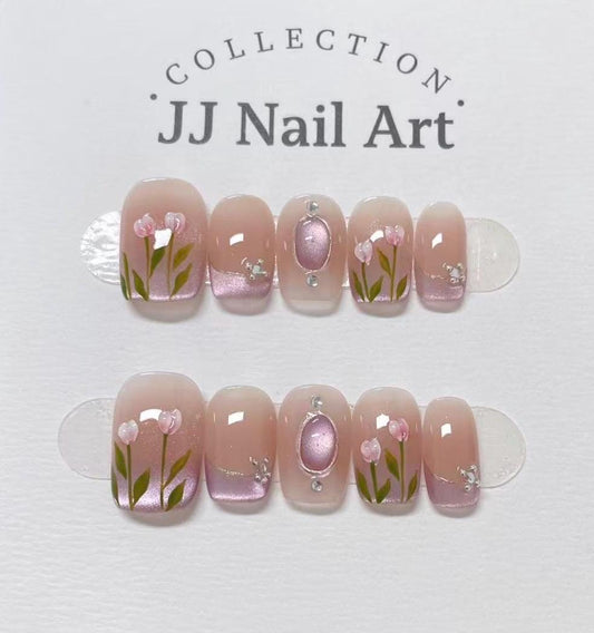 Handmade Pink Tulips French Press On Nails: Reusable Set