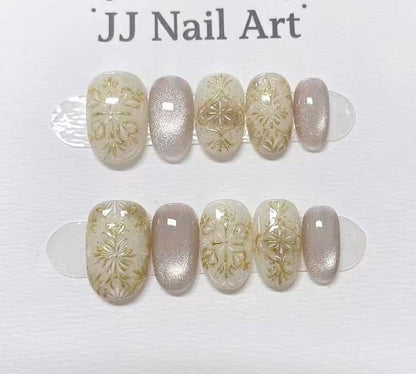 Gold Flowers Cat Eye Hand Painted Press On Nails: Custom Shape Reusable Nail Set