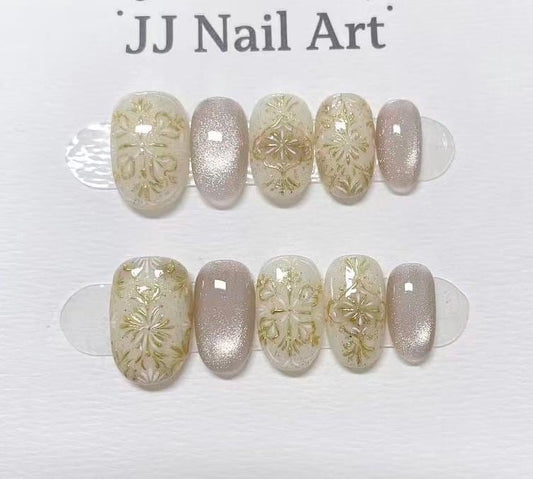 Gold Flowers Cat Eye Hand Painted Press On Nails: Custom Shape Reusable Nail Set