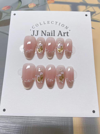 Flowers Beads Handmade Press On Nails: Reusable Custom Shape Set
