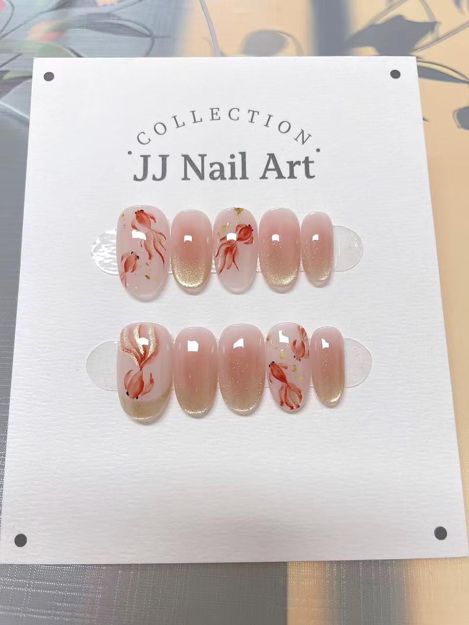 Fish Cat Eye French Hand Painted Press On Nails: Custom Shape Reusable Nail Set