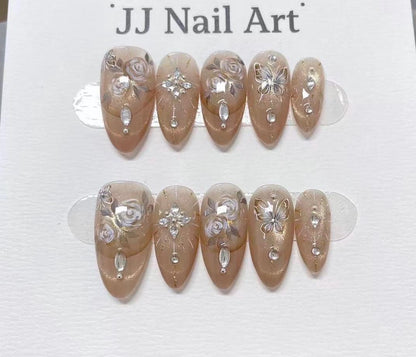 Diamond Roses Hand Painted Press On Nails: Custom Shape Reusable Nail Set