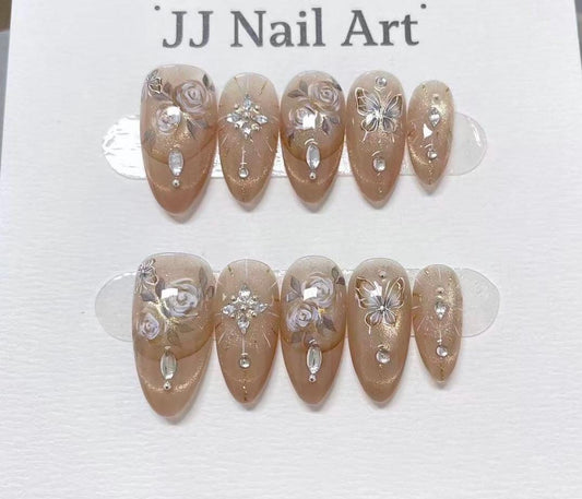 Diamond Roses Hand Painted Press On Nails: Custom Shape Reusable Nail Set