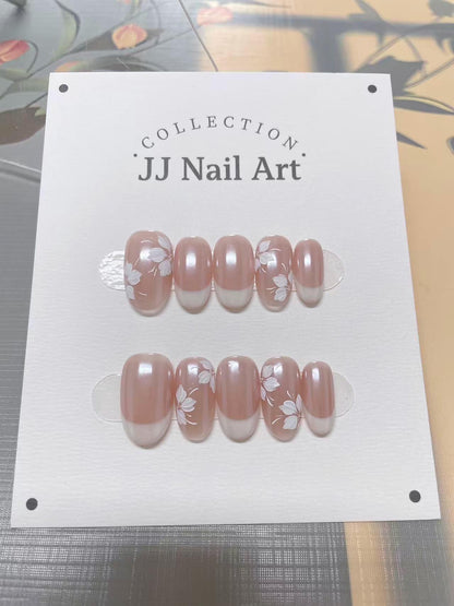 White French With Petals Press On Nails: Hand Painted Reusable Fake Nails