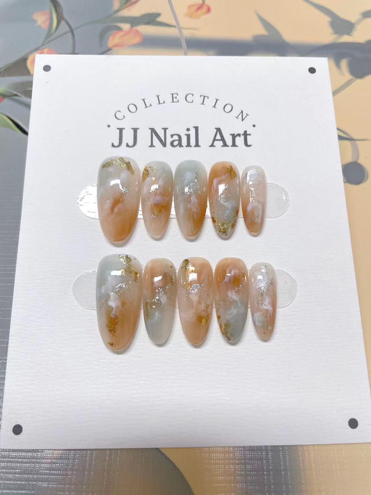 Smudge Light Brown Hand Painted Press On Nails: Custom Shape Reusable Nail Set