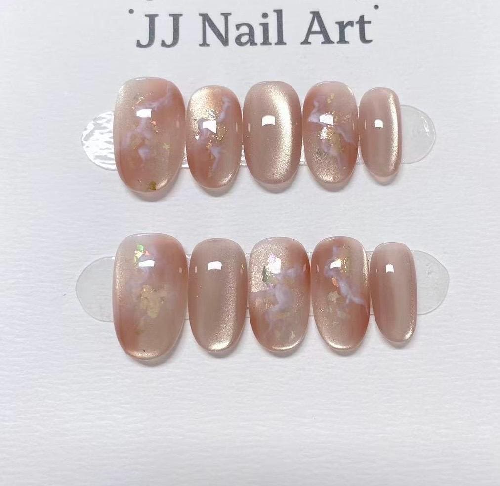 Pink Cat Eye Hand Painted Press On Nails: Custom Shape Reusable Nail Set
