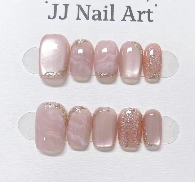 Pink Smudge Cat Eye Hand Painted Press On Nails: Custom Shape Reusable Nail Set