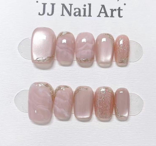 Pink Smudge Cat Eye Hand Painted Press On Nails: Custom Shape Reusable Nail Set