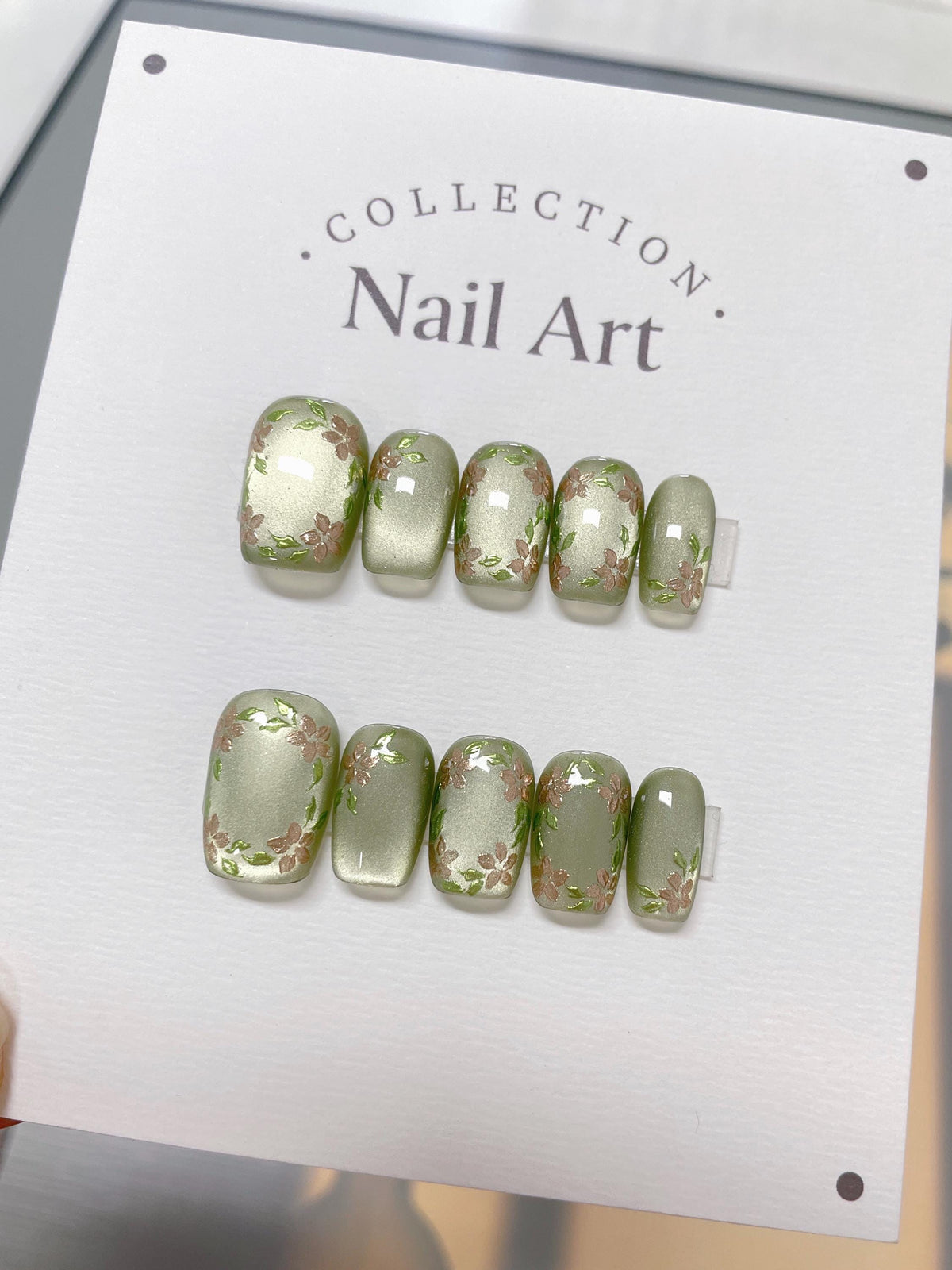 Hand Painted Spring Flowers Press On Nails: Reusable Green Floral Faux Nails