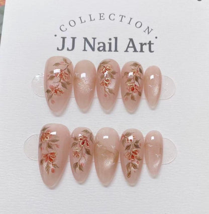 Handmade Cat Eye Red Flowers Press On Nails: Reusable Set