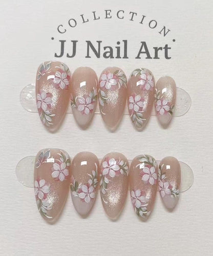 Handmade Blooming Flowers Cat Eye Petals Press On Nails: Reusable Set