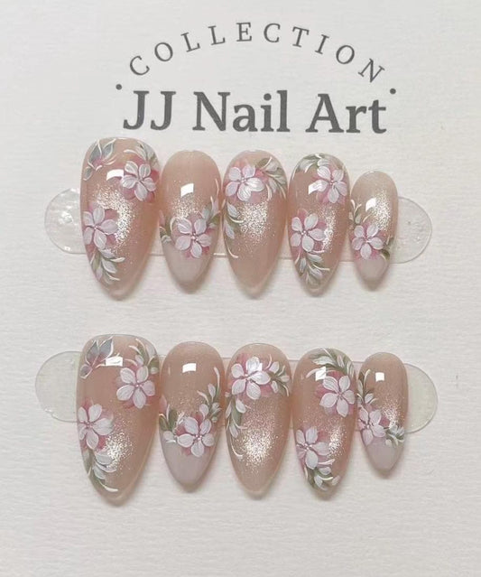 Handmade Blooming Flowers Cat Eye Petals Press On Nails: Reusable Set