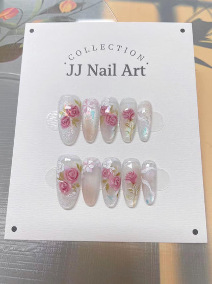 Hand Painted Pink Roses Press On Nails: Reusable Artist Faux Nails