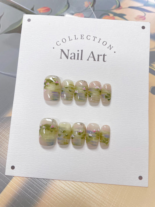 Lily Pad Watercolor Press On Nails: Handmade Reusable Faux Nails
