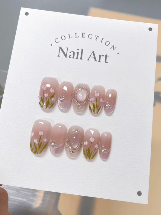 Pink Tulip Press On Nails: Hand Painted Reusable Faux Nails