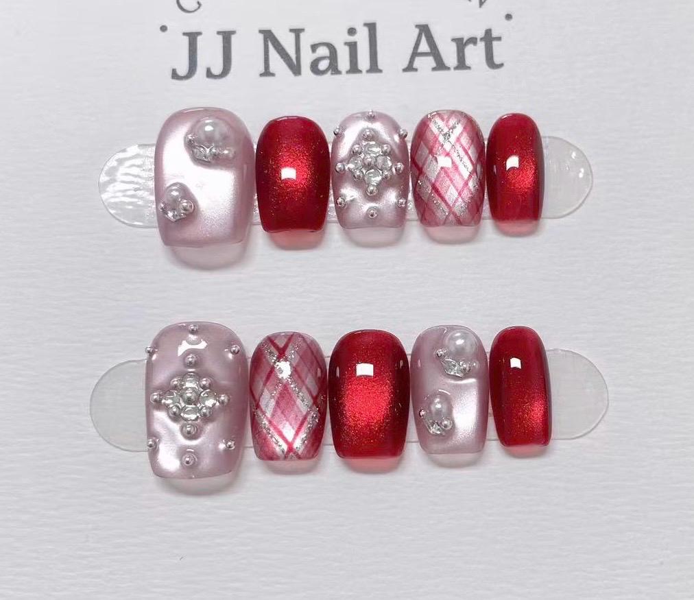 Pattern Red Cat Eye Hand Painted Press On Nails: Custom Shape Reusable Nail Set