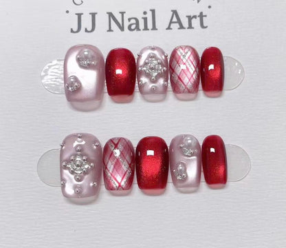 Pattern Red Cat Eye Hand Painted Press On Nails: Custom Shape Reusable Nail Set