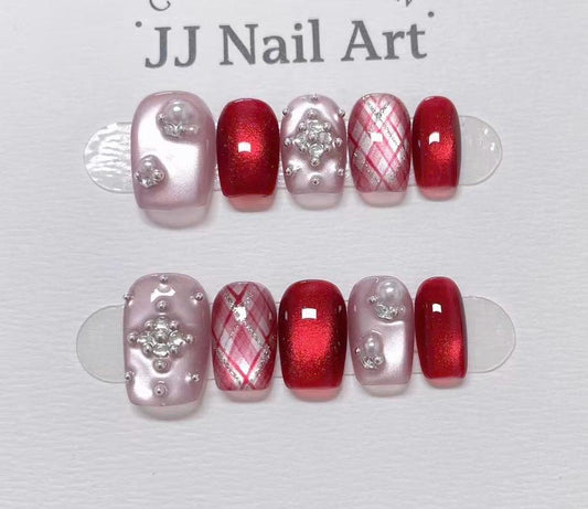 Pattern Red Cat Eye Hand Painted Press On Nails: Custom Shape Reusable Nail Set