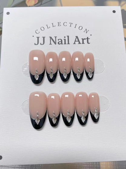 Custom Nail Shape Black French Tips Press On Nails: Hand Painted Reusable Fake Nails