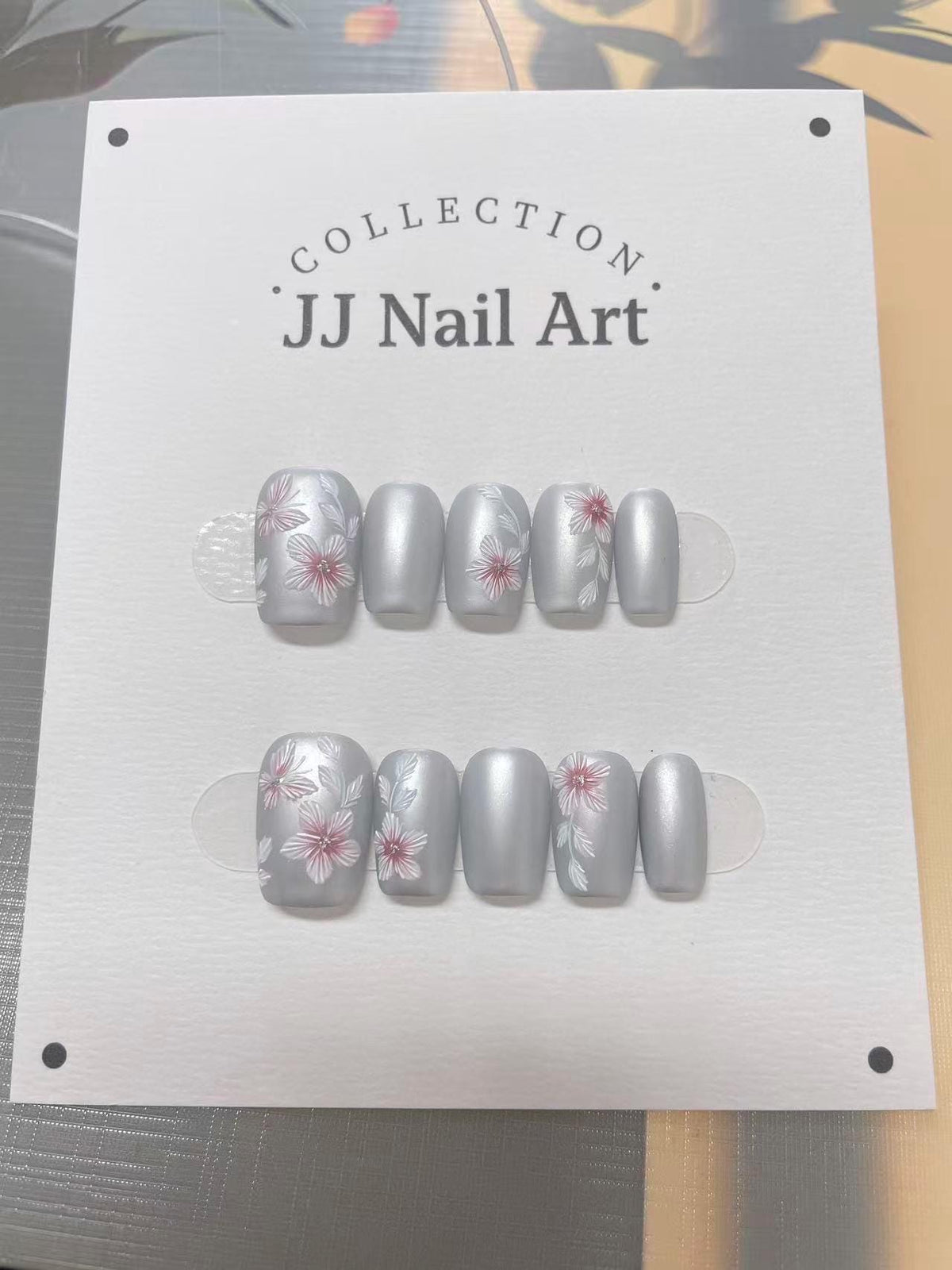 Light Grey Matte Embroidery Petals Effect Press On Nails: Hand Painted Reusable Fake Nails