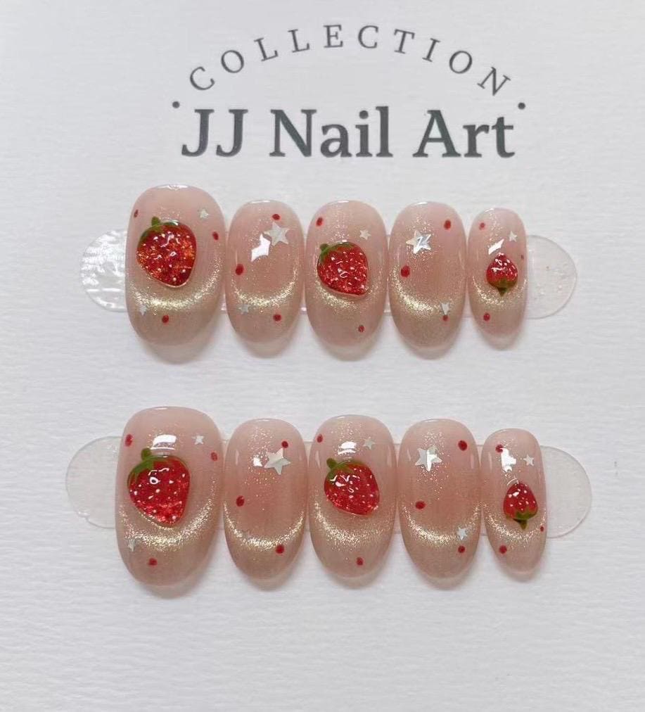 Handmade 3D Strawberries Cat Eye Press On Nails: Floral French Reusable Set