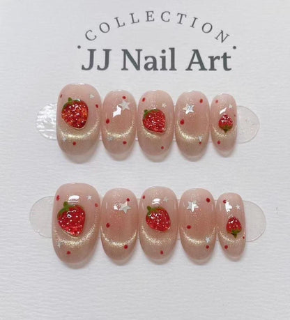 Handmade 3D Strawberries Cat Eye Press On Nails: Floral French Reusable Set