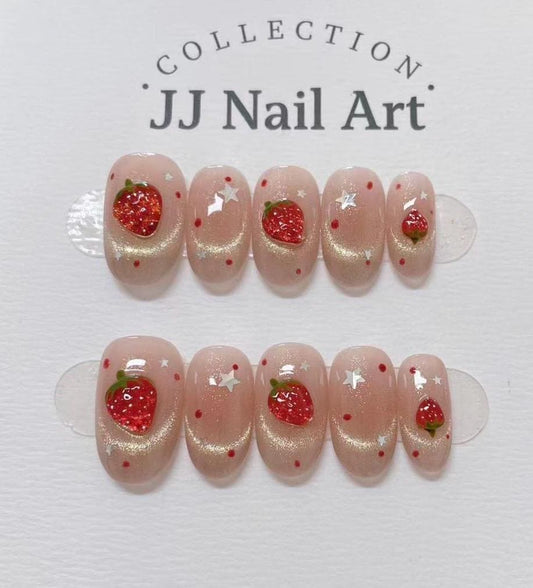 Handmade 3D Strawberries Cat Eye Press On Nails: Floral French Reusable Set