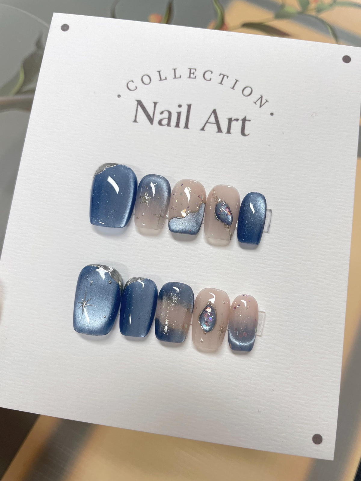 Ocean Blue Cat Eye Press On Nails: Hand Painted Reusable Faux Nails