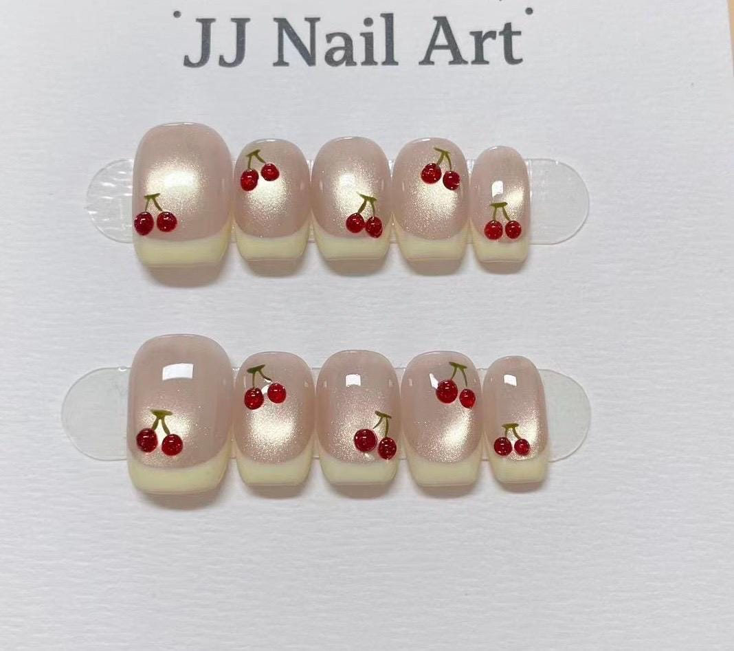 Cherry French Cat Eye Hand Painted Press On Nails: Custom Shape Reusable Nail Set