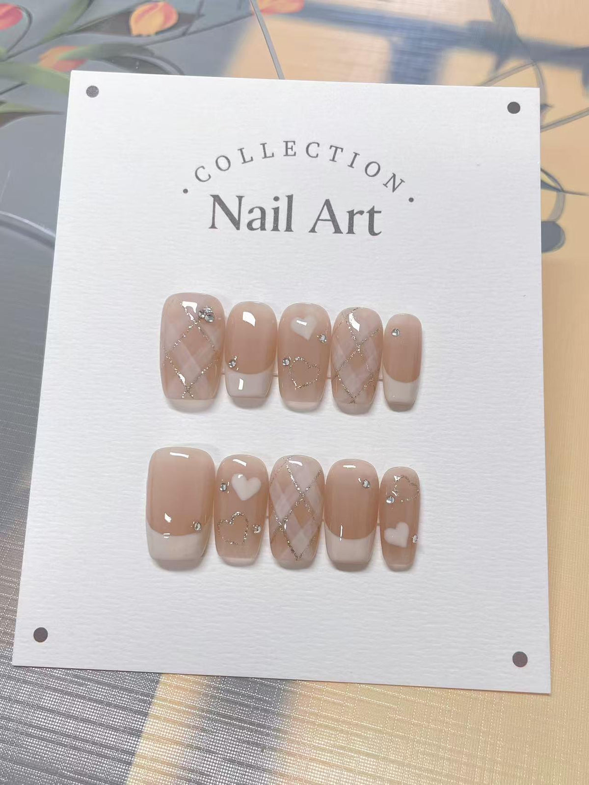 Hand Painted Press On Nails: Hearts, French Chessboard, Reusable