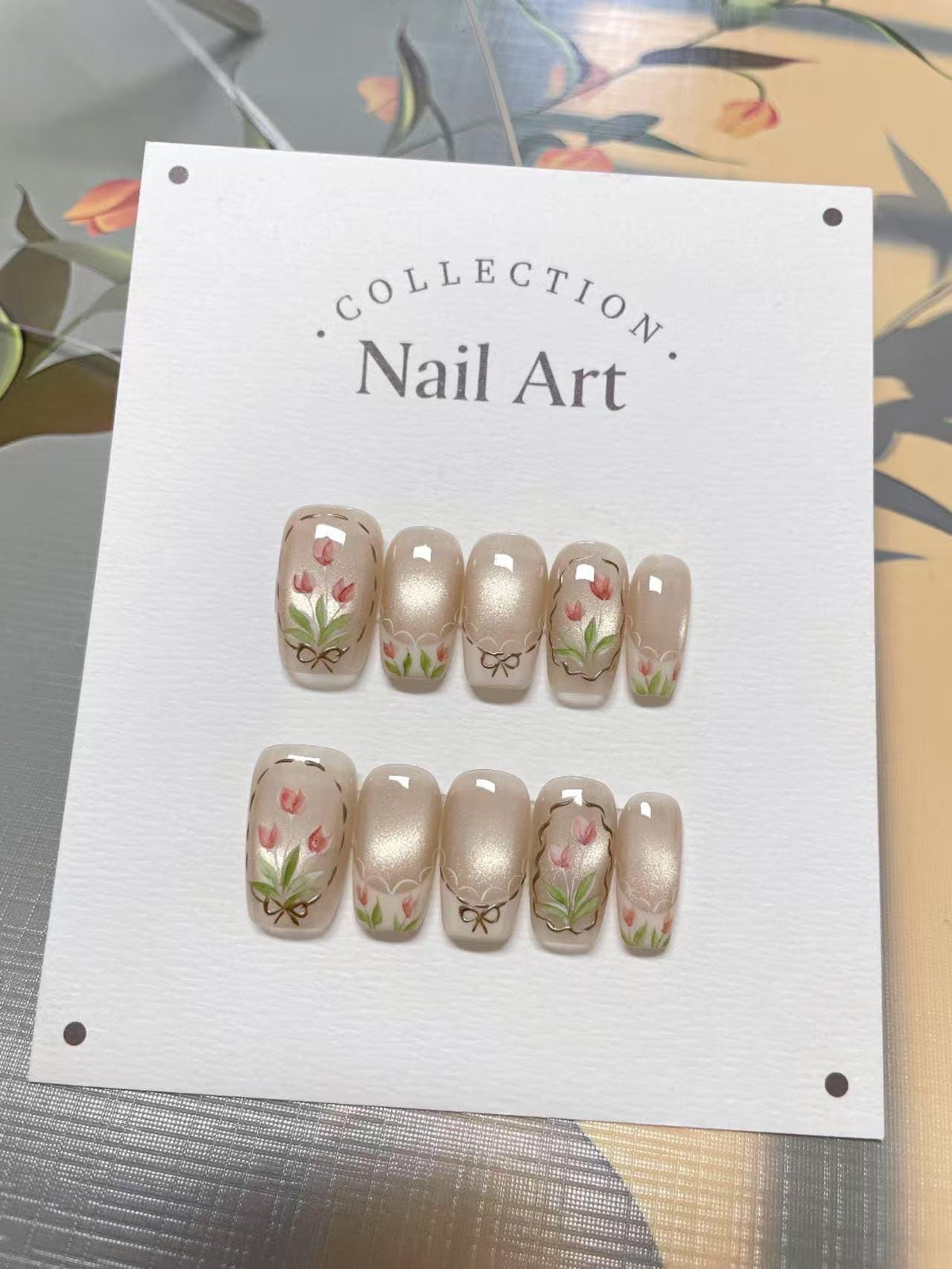 Hand Painted Tulips Press On Nails: Reusable Artist Faux Nails