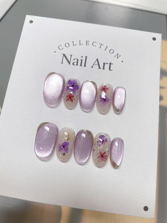 Light Purple Press On Nails: Hand-Painted Floral False Nails