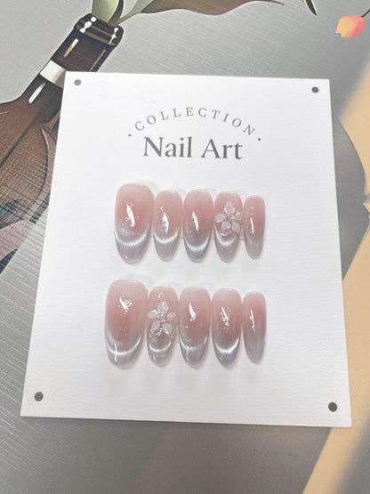 Hand Painted Cat Eye Press On Nails: Ombre 3D Flowers