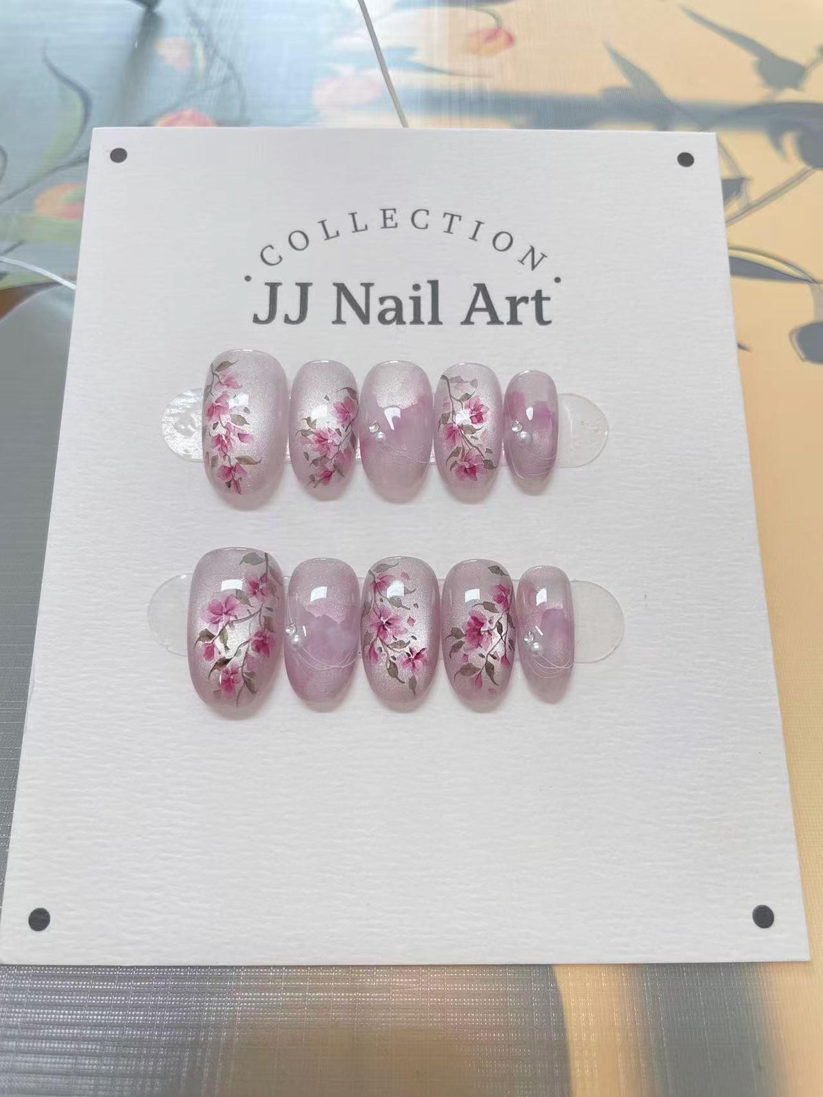 Handmade Pink Flowers Cat Eye Petals  Press On Nails: Floral French Reusable Set