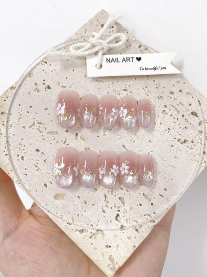 Hand Painted Press On Nails, Ombre Flower Tips, Reusable Faux Nails