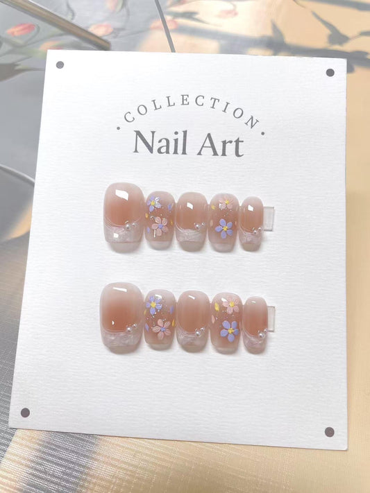 Floral French Press On Nails: Hand Painted Reusable Faux Nails