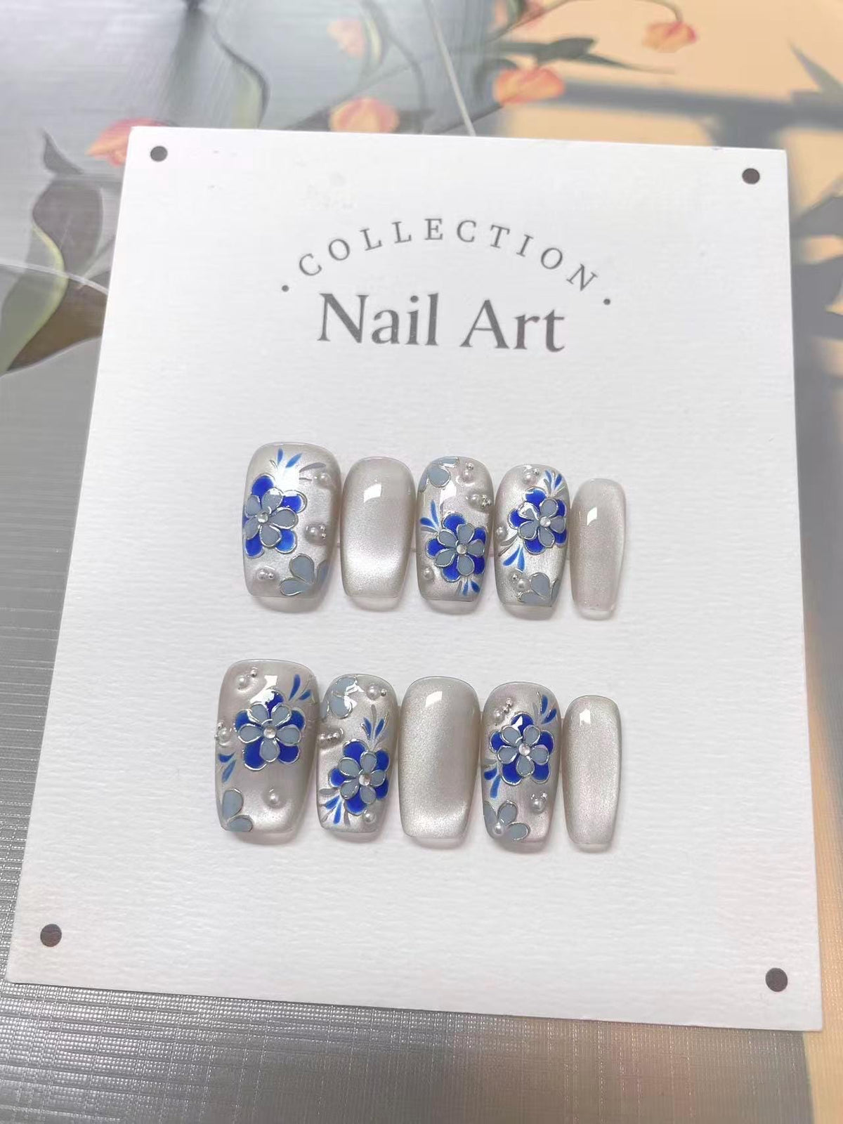 Blue Flowers Cat Eye Press On Nails: Hand Painted Reusable Faux Nails