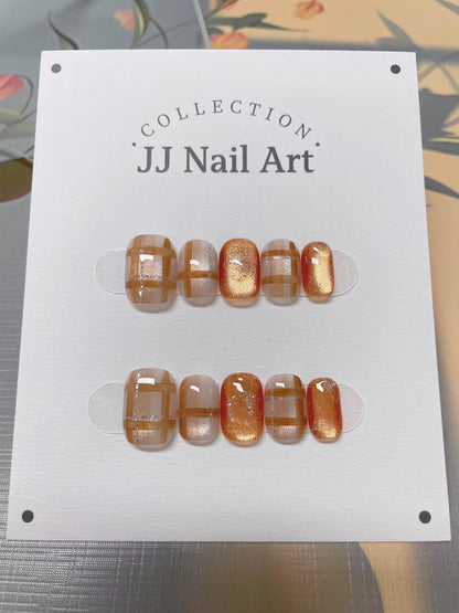Fall Orange Pattern Cat Eye Press On Nails: Hand Painted Reusable Fake Nails
