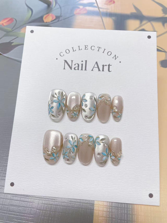 Handmade Light Blue Floral Press On Nails: Reusable Artist Faux Nails