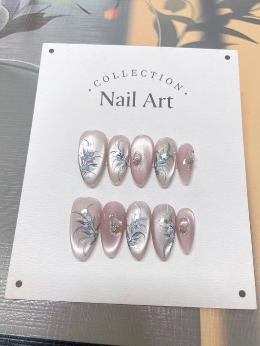Floral Cat Eye Press On Nails: Hand Painted Reusable Faux Nails
