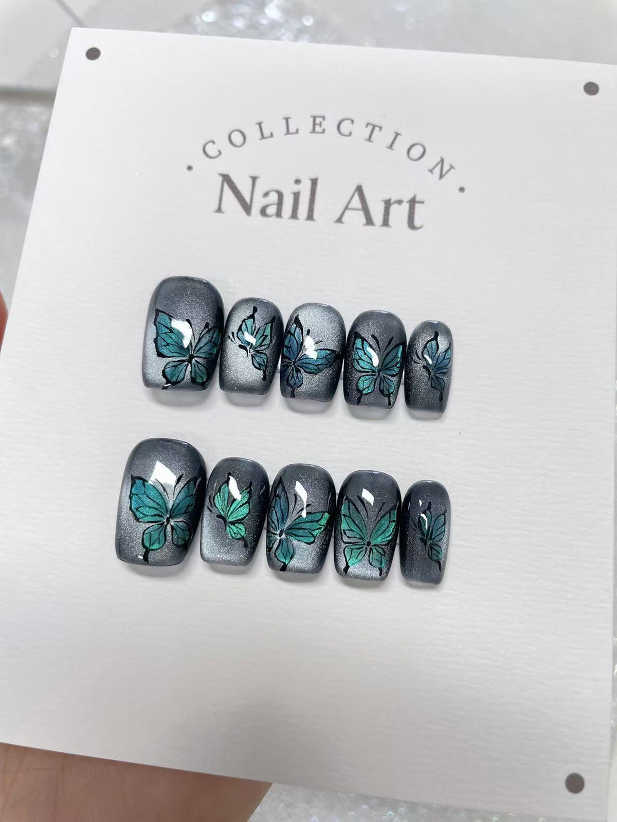 Butterfly Cat Eye Press On Nails: Hand Painted Reusable Faux Nails
