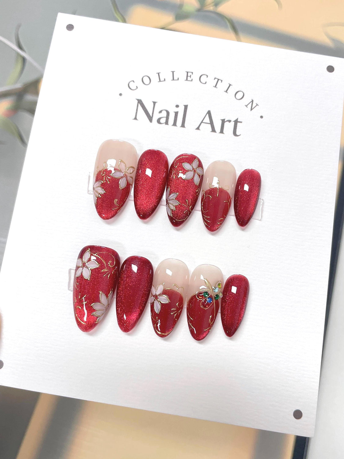 Handmade Red Cat Eye Press On Nails: Floral Artist Faux Nails